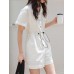 Solid Drawstring Waist Pocket Lapel Short Sleeve Cargo Romper