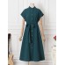 Solid Button Sash Lapel Short Sleeve Casual Cotton Shirt Dress