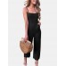 Solid Color Button Pocket Zipper Strap Sleeveless Loose Casual Jumpsuit