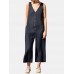 Solid Button V Neck Sleeveless Casual Cotton Jumpsuit