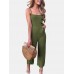 Solid Color Button Pocket Zipper Strap Sleeveless Loose Casual Jumpsuit