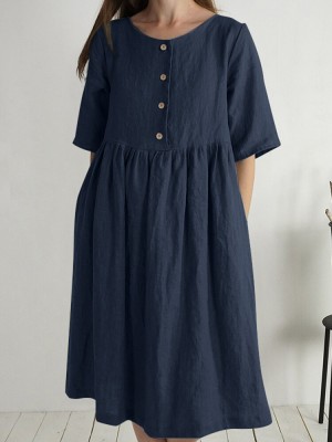 Solid Button Ruched Half Sleeve Casual Cotton Midi Dress