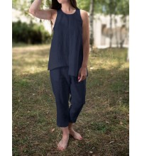 Solid Round Neck Sleeveless Irregular Hem Casual Cotton Suit