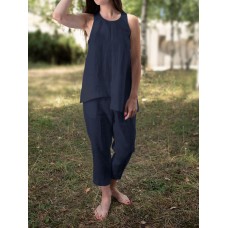 Solid Round Neck Sleeveless Irregular Hem Casual Cotton Suit