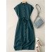 Solid Button Sash Lapel Short Sleeve Casual Cotton Shirt Dress