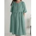 Solid Button Ruched Half Sleeve Casual Cotton Midi Dress