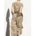 Solid Pocket Elastic Waist Short Sleeve Casual Cotton Jumpsuit