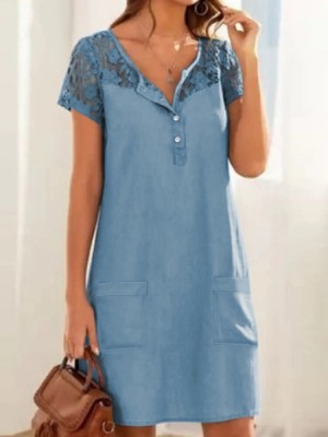 Solid Button Pocket Patchwork Hollow Out Short Sleeve Casual Dress