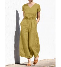 Solid Pocket Elastic Waist Short Sleeve Casual Cotton Jumpsuit