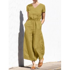 Solid Pocket Elastic Waist Short Sleeve Casual Cotton Jumpsuit