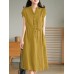 Solid Pocket Drawstring Waist Button V  neck Short Sleeve Dress