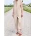 Solid Sash V Neck Pocket Sleeveless Casual Cotton Jumpsuit