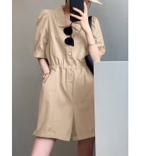 Solid Button Pocket Elastic Waist Lapel Short Sleeve Casual Romper