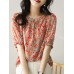 Women Random Allover Print Half Sleeve Crew Neck Blouse