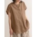 Solid Slit Short Sleeve Crew Neck Casual Loose Blouse